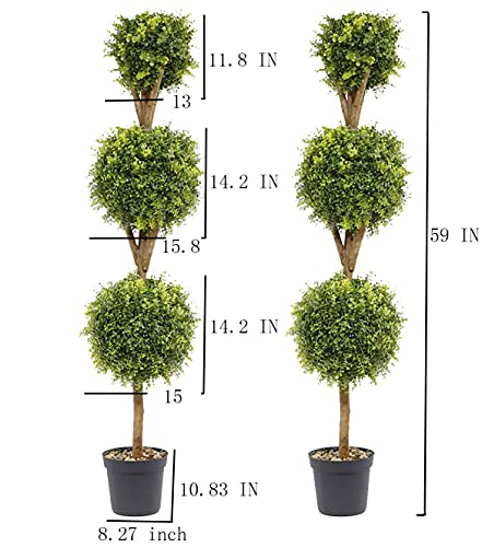 59 inch/4.9 ft Artificial Boxwood Topiary Trees Artificial Topiary Boxwood Triple Ball,Set of 2 Faux Topiary Trees for Indoor and Outdoor Artificial Trees