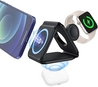 3 in 1 Foldable Wireless Charger,15W Fast Charging Compatible with iPhone 14/13/12/SE/11/XS/8,Samsung Galaxy/HUAWEI,iWatch Series and AirPods - Black