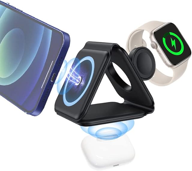 3 in 1 Foldable Wireless Charger,15W Fast Charging Compatible with iPhone 14/13/12/SE/11/XS/8,Samsung Galaxy/HUAWEI,iWatch Series and AirPods - Black