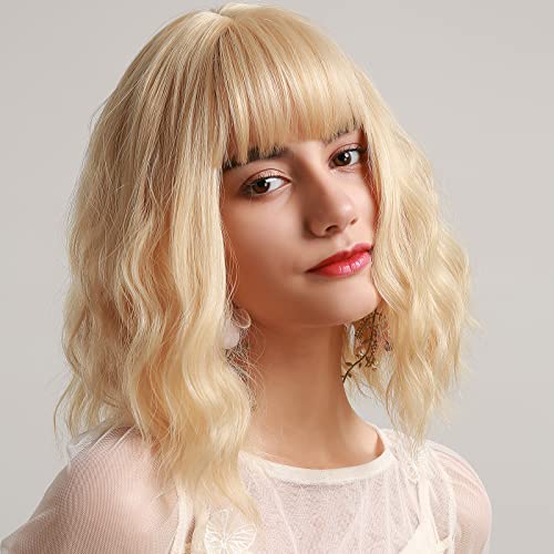 Bozony 38 cm peruca de cabelo curto sexy peruca de cabelo loiro ondulado com franja resistente ao ca