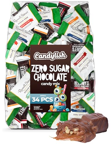 Zero Sugar Chocolate Candy Mix (Approx. 34 Pieces) - Russell Stover Assorted & Hershy Zero Sugar Bar Mix