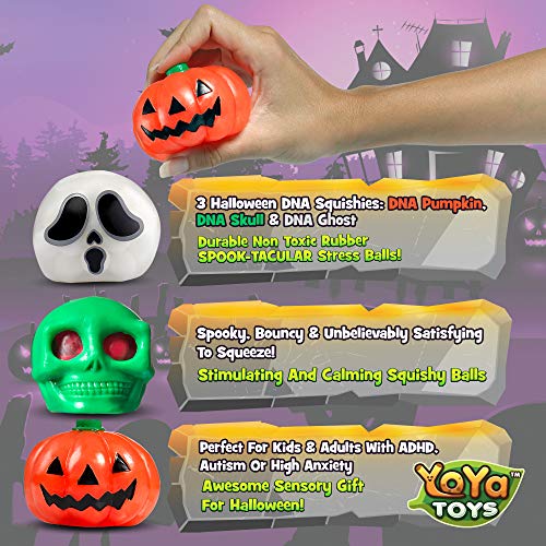 Yoya Toys Spooky Dna Stress Balls (3 Pack) - Halloween Squishy Gift - Pumpkin, Ghost, Skull Squeeze Balls For Kids And Adults - Sensory Fidget Toy - Promote Anxiety, Stress Relief, Calm Focus And Play #TOP4