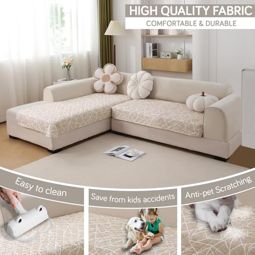 Image of HOKIPO 'Elira Series' Printed Water Repellent + Waterproof Quick Dry L Shape (2+2 Seater) Sofa Seat Cover Mat, Beige Abstract Geometry (AR-5245-C3 + AR-5246-C3)