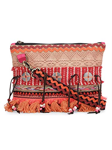 Image of The House of tara Cross Body Sling Bag with Embellishments and Tassels /Trims | Internal Zip Pocket | Jute Crossbody Bag in Multi Colour with Zip Closure | Handmade.