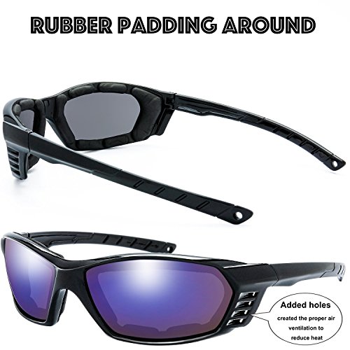 The Fresh 3 Pairs Motorcycle Riding Glasses Padded Frame Lens Block 100% Uvb For Outdoor Activity Sport (9-Shiny Black, Grey, Green Mirror, & Blue Mirror) #TOP5