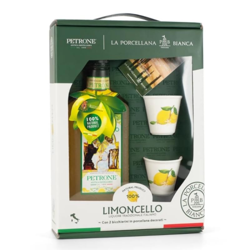 Limoncello 100% naturale 500 ml + 2 bicchieri in ceramica di Vietri sul Mare dipinti a mano.