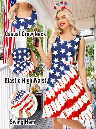 Image of Deerose 4th of July Dress for Women Sleeveless American Flag Patriotic Elastic High Waist Sundress