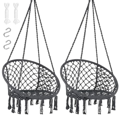 SUNCREAT Hammock Chair Hanging Macrame Swing with Hardware Kits, Max 330 Lbs, Handmade Knitted Mesh Rope Swing Chair for Indoor, Outdoor, Bedroom, Patio, Yard, Garden, Pack of 2, Grey