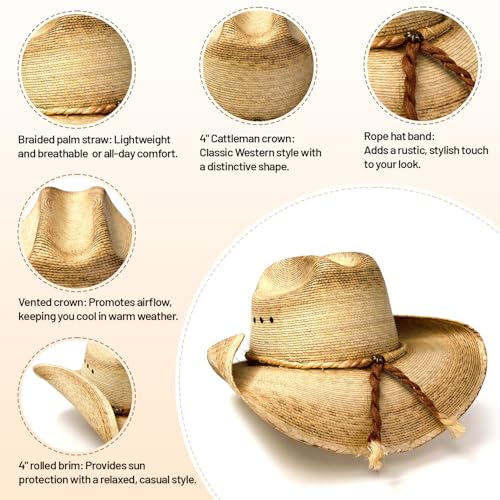 Western Express Kid's Cattleman Palm Sonora Cowboy Hat - Classic Brown with Rope Band, Conchos, and Leather Chin Strap - Kid's Elastic One Size Fits Most3