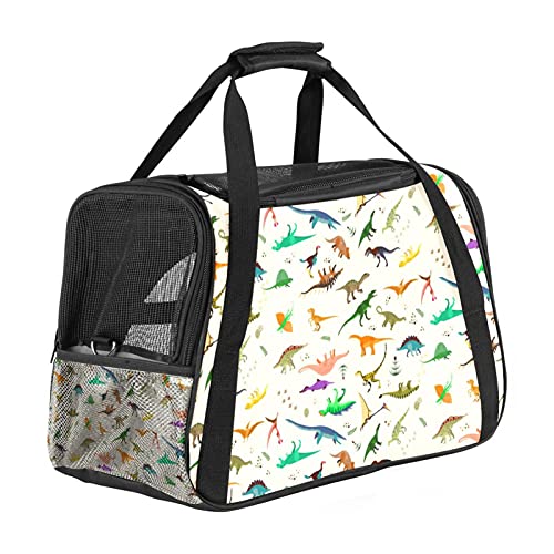 Cute Colorful Dinosaurs Pattern Portable Safe Travel Pet Bag, Soft Sided Dogs Carrier Bag with 3 Mesh Open Windows, Removable Mat and Breathable Mesh, Airline Approved