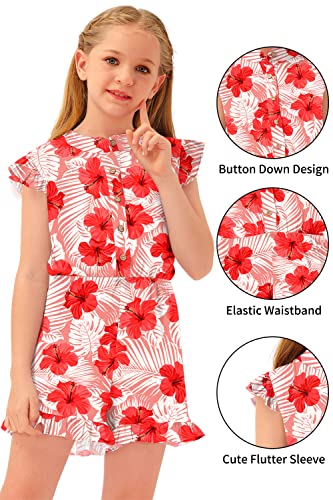 Besserbay Pretty Red Flower Jumpsuit Button Down Casual Flutter-Sleeve Comfy Elastic Romper For Big Girl 11-12 Years #TOP1