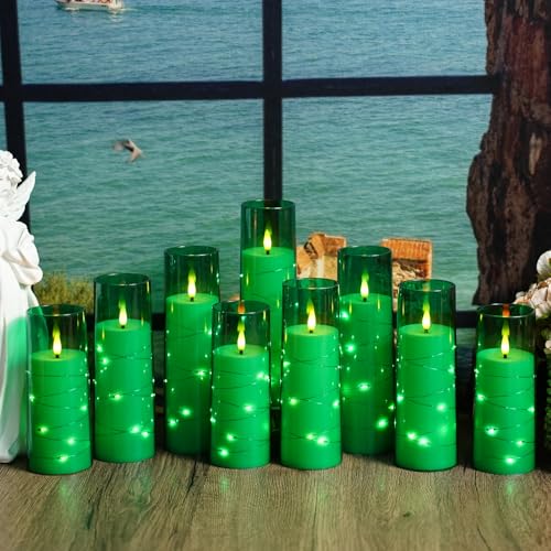 Image of Nimiko Flickering Flameless LED Candles,Battery Operated Candles 9 Pcs with Embedded Star String,Acrylic LED Pillar Candles with Remote,Suitable for Home Decoration to Create an Atmosphere (Green)
