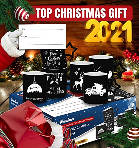Bruntmor Black Christmas Coffee Mugs With Star Handle Set Of 6 | Large-Sized Christmas Mugs 14 Ounce New Year Holidays Novelty Christmas Cups - Decorative Diy Mugs| Hot Chocolate Gift Sets #TOP3