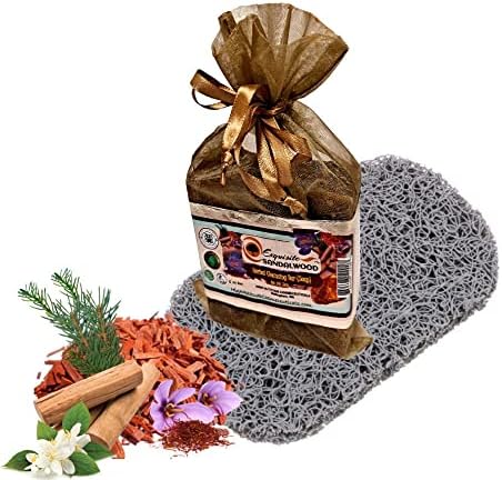 EXQUISITE SANDALWOOD Herbal Cleansing Bar Soap w/ 6 Kinds of Real Sandal Wood, Mysore, Saffron, Amber, Botanical Extracts for Men Women, Natural Organic Handcrafted Rustic - 5oz Bar & Mat