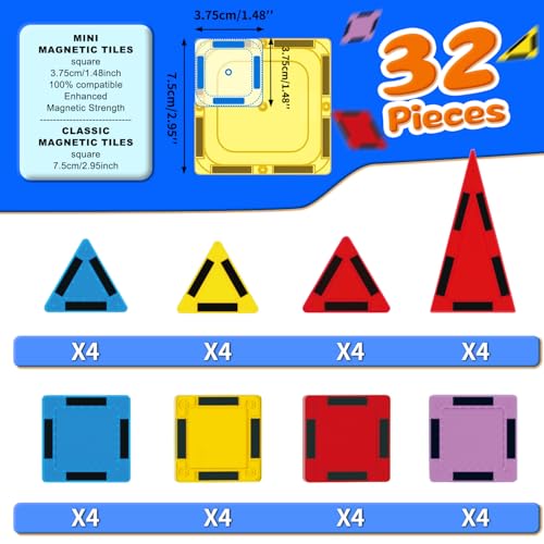 Mini Magnetic Tiles for Kids, Magnetic Building Set, Construction STEM Travel Toys for Boy Girl Ages 3+, Montessori Preschool Learning Educational Sensory Magnet Creative Toy Gift for Toddlers, 32 Pcs - Image 2