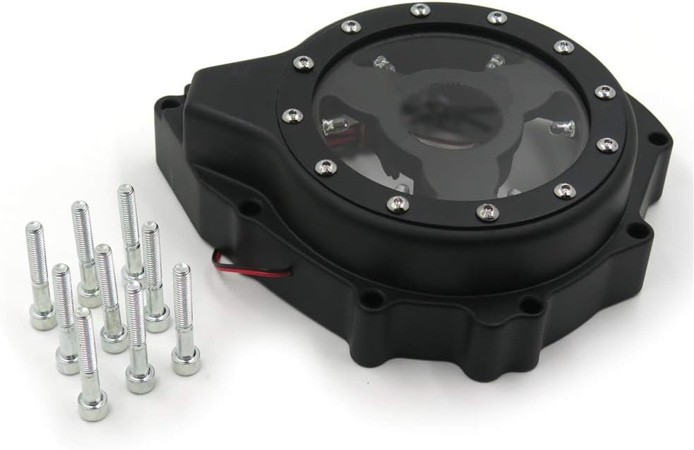 AfterMokit Replacement See Through Engine Stator Generator Cover with White Led for Suzuki GSX1300R Hayabusa 1999-2019 Black Crankcase Cover with Engraved Black Kanji