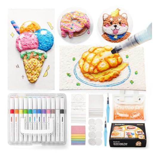 Shuttle Art 44 Pcs Magic Foam Texture Painting Kit, Including 28 Pcs Foam Texture Paper, 12 Colors Brush Tip Acrylic Paint Markers, Magical 3D Effect Painting Kit