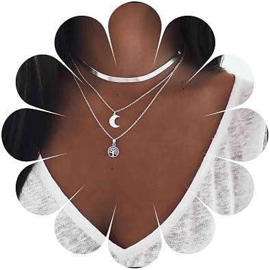 Boho Layered Moon Crescent Necklace Tree Of Life Pendant Necklace Silver Snake Chain Necklace Half Moon Choker Necklace Jewelry for Women