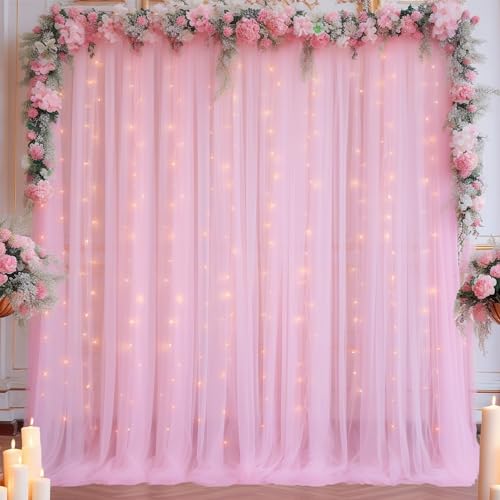 10x10ft Baby Pink Tulle Backdrop Curtain with Lights String for Parites, Sheer Backdrop Curtains for Wedding Baby Shower Birthday Party Photo Shoot Decorations
