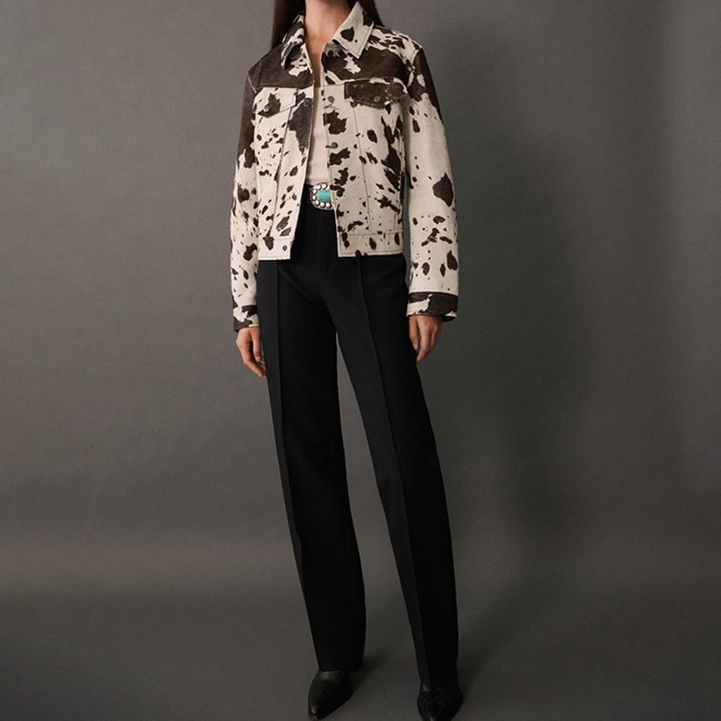 White Denim Jacket Women Cropped Irregular Printing Long Sleeve Button Down Denim Jacket for Women Trendy 2024