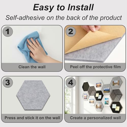 Acidea 12 Stück Filz Pinnwand Sechseckig, Selbstklebende Korkplatte DIY mit 50 Durchsichtig Pushpins für die wand, Moderne Pinnwand Dekoration für Fotos, Memos, Wanddekoration,Foto-Display-Tafel