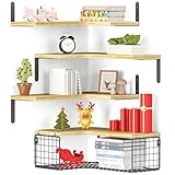 Zincify 4+1 Floating Corner Shelves with Wire Storage Basket, Corner Wall Shelves Rustic Wood for Bathroom, Kitchen, Bedroom, Living Room, Office, Corner Shelf Wall Mounted Rustic Brown