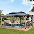 CHARMELEON 12'x20' Cedar Wood Gazebo Hardtop - Wooden Gazebo with Dual Metal Roof - Permanent Outdoor Gazebo Canopy - Large All Weather Patio Gazebo for Backyard, Deck & Garden - Greyish Brown Frame