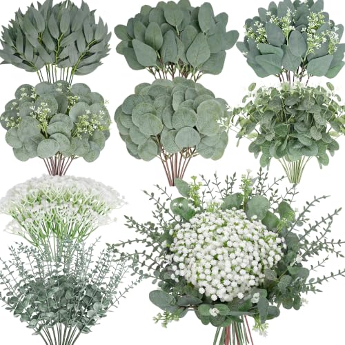 200 Pcs 8 Kinds Mixed Artificial Eucalyptus Stems Bulk Fake Silver Dollar Eucalyptus White Seeds Stems Bundle Faux Plants Greenery for DIY Bouquets Floral Arrangement Wedding Engagement Party Decor