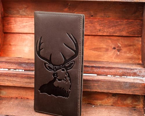 Image of DK86 Deer Long Wallet For Men Full Grain Leather Rfid Blocking Rodeo Wallet Bifold Wallet Deer Wallet, Coffee