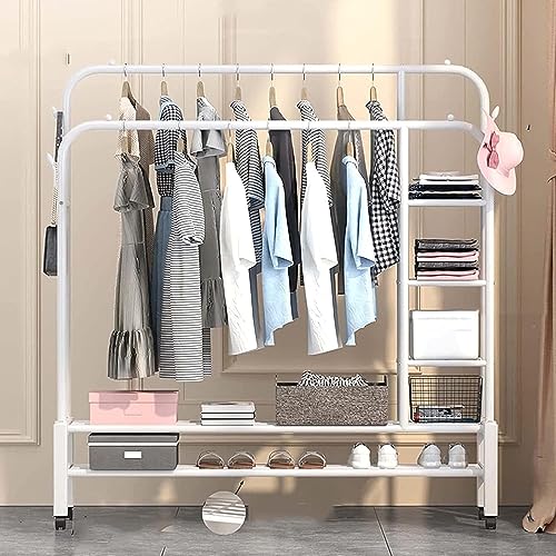 Image of LEOPAX Heavy Duty Metal Double Rod Clothe Rail, 5-Tier Coat Garment Rack with 4 Side Hooks, Multipurpose Cloth Stand for Bedroom, Livingroom, Hallway - (White, 120 x 45 x 160cm)