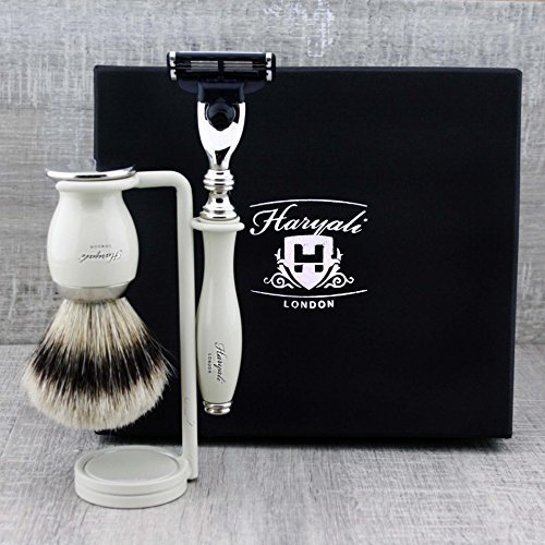Rasierset für Männer mit Silberspitze Badger Rasierpinsel & Gillette Mach3 Razor (austauschbarer Kopf) & Dual Stand für Razor & Brush - Elfenbeinfarbe - Tolles Geschenk für jeden Gentleman