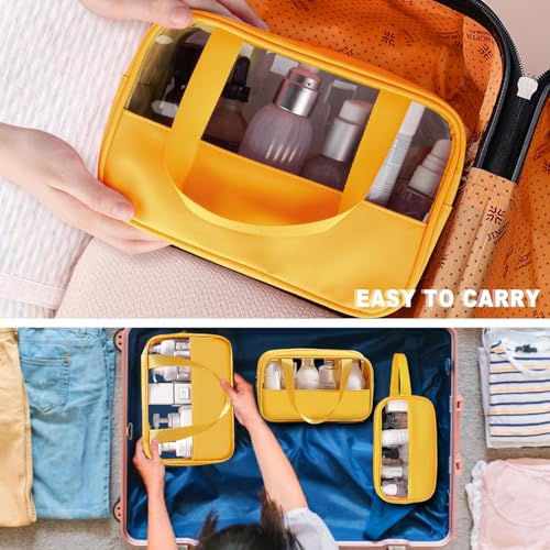 Image of KBS Toiletry Kit Cosmetic Makeup Storage Organizer Clear Styilish Wash Bag Pouch Set of 3 for Travel Luggage Transparent with Metal Zipper Gift for Men Women Girls (Yellow)