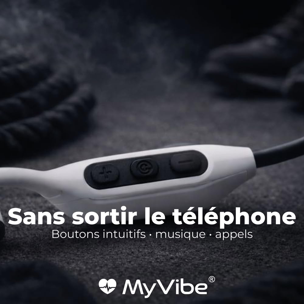 MYVIBE is Powerful Casque à Conduction Osseuse Sport Bluetooth - Écouteurs Oreilles Libres IPX5 Étanche, 9H Autonomie, Ultra Léger 28g - Idéal Running, Randonnée, Fitness & Urbain (Blanc)