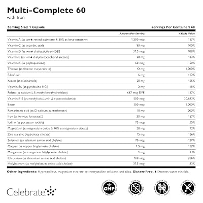 Celebrate Vitamins Multi-Complete, 60mg Iron Daily Bariatric Multivitamin for Sleeve Gastrectomy and Gastric Bypass Surgery Patients Essential Vitamins & Minerals (60 Capsules)