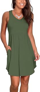 Atizon Casual Summer T Shirt Dress for Women V Neck Swing Elastic Tunic Short Sundress with Pockets