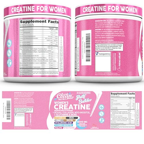 Creatina para Mujeres | Monohidrato de Creatina + BCAA Polvo Mio-Inositol Colágeno Biotina Ácido Hialurónico Folato L Glutamina Vitamina D3 Hierro Zinc D-Chiro-Maca Digestión Constructor de