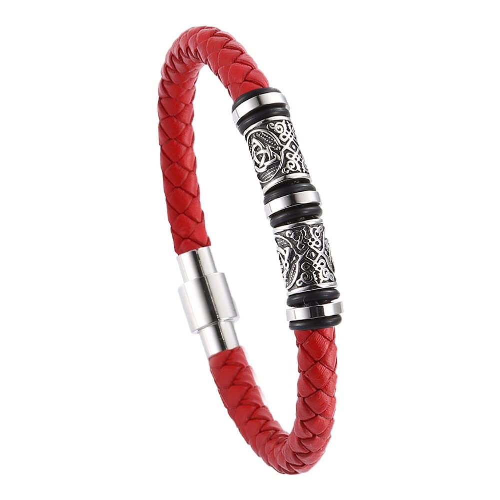 DFWY Mens Viking Beads Leather Bracelet - Nordic Stainless Steel Celtic Knot Beads Braided Rope Wristband - Handmade Vintage Pagan Bangle Irish Jewelry(Red,22CM)