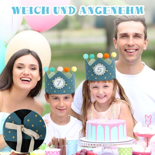 URAQT Geburtstagskrone Kinder, Geburtstagskrone Stoff, Geburtstag Kinderkrone, Krone Geburtstag für Jungs Mädchen mit Happy Birthday Spruchband und Auswechselbaren Zahlen von 1-9 (Dots - Blau)