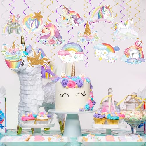 Image of 72 Pcs Unicorn Hanging Swirl Decorations Unicorn Birthday Party Decoration Rainbow Castle Cloud Flower Ceiling Decorations Foil Swirls for Home Office Party Favors Supplies