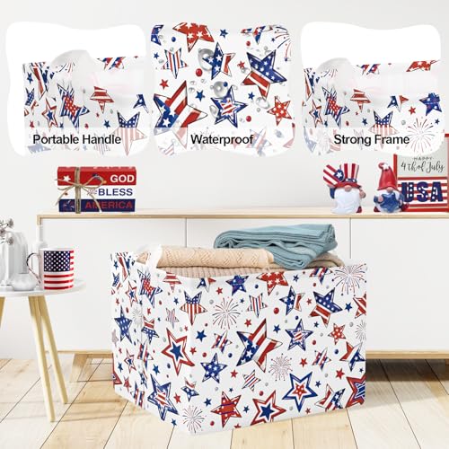 Image of Clastyle Independence Day Patriotic Baby Gift Basket American Flag Firework Kid Book Toy Nursery Bin Collapsible Beach Towel Basket Clothes Organizer, Star, 40 * 30 * 30 cm