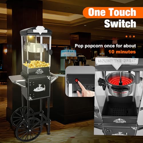 Image of 8 Oz Popcorn Machine with Cart (Black) - Compact Vintage Popcorn Maker - High Efficiency One Touch Operation with 3 Plastic Spoons, Storage for Movie Nights, Party