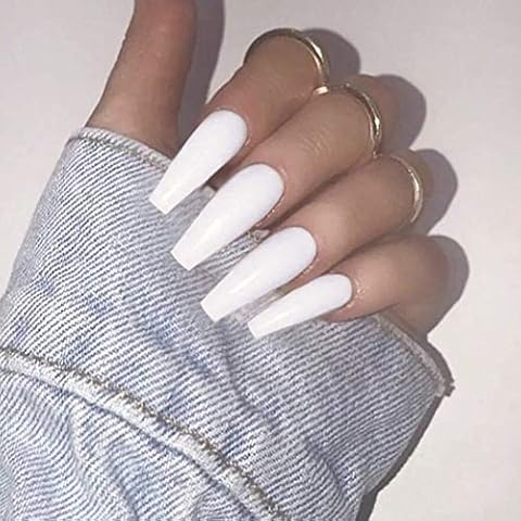 Handcess Coffin Glossy False Nail Lange weiße Ballerina Drücken Sie Cover