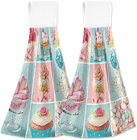 Cakes Marshmallow Rose Kitchen Hanging Towel 12 x 17 Inch Cupcakes Flowers Hand Tie Towels Set 2 Pcs Tea Bar Dish Cloths Dry Towel Soft Absorbent Durable for Bathroom Laundry Room Decor