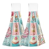 Cakes Marshmallow Rose Kitchen Hanging Towel 12 x 17 Inch Cupcakes Flowers Hand Tie Towels Set 2 Pcs