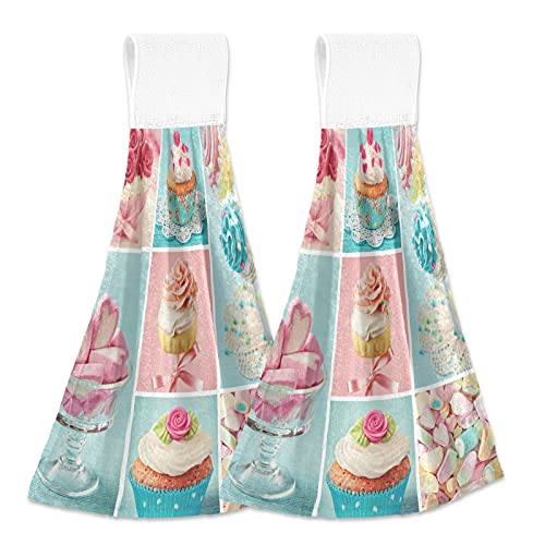 Cakes Marshmallow Rose Kitchen Hanging Towel 12 X 17 Inch Cupcakes Flowers Hand Tie Towels Set 2 Pcs Tea Bar Dish Cloths Dry Towel Soft Absorbent Durable For Bathroom Laundry Room Decor #TOP28