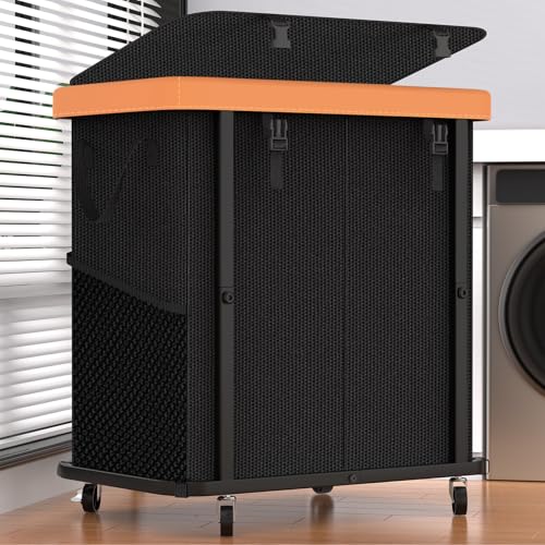 190L (50 Gal) Large Fashion Laundry Basket with Wheels, Leather Patchwork Rolling Hamper Carts, Sturdy Metal Frame, Removable Washable Bag, Tall Clothes Sorter for Bedroom - 2 Setion Black by alentar - Used condition - US$44.95