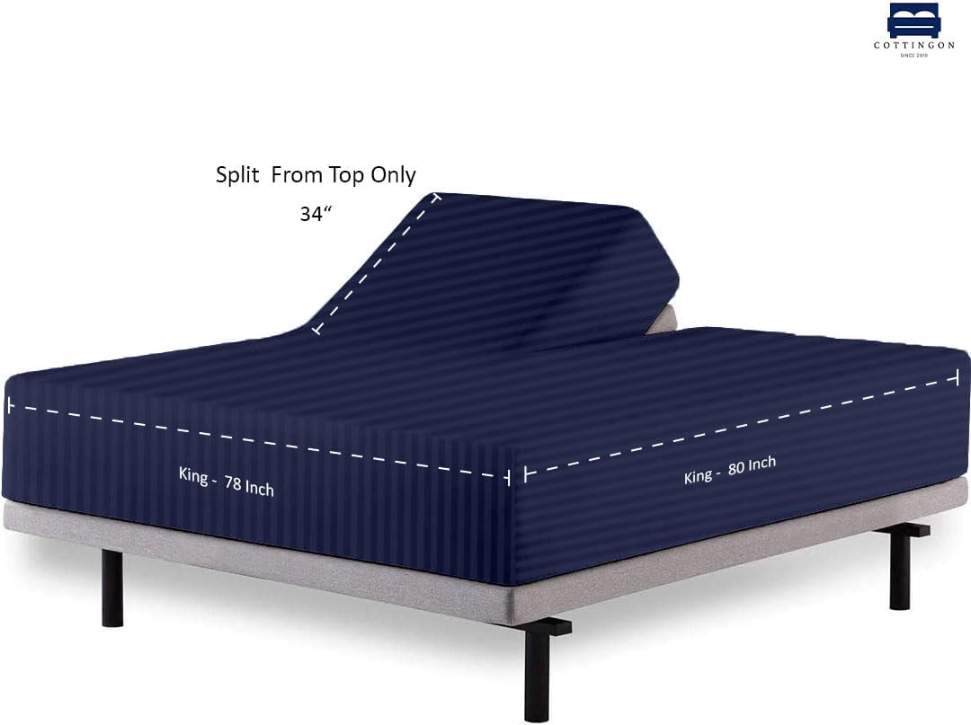Cottingon 4 Piece Top Split King Sheets Set for Adjustable Beds, 100% Egyptian Cotton 34" Flex Head Shees for Sleep Number Bed fits 16 Inch Deep Mattress, Navy Blue Stripe