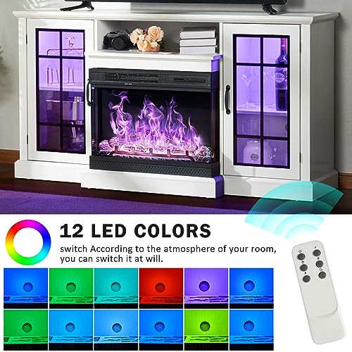 oneinmil Fireplace TV Stand with 3-Sided Glass Electric Fireplace,59'' Modern Media Entertainment Center with Farmhouse Glass Door Storage Cabinet, TV Cabinet for TVs up to 65",for Living Room,White - Thumbnail 5