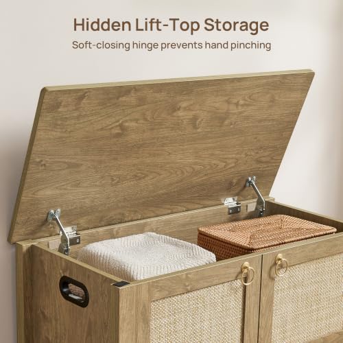 Image of SICOTAS Rattan Storage Bench Boho Storage Chest with 2 Safety Hinges | Wood Storage Truck Box for Bedroom, Living Room, Entryway, Supports 220 lb