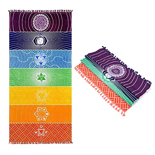 Liwein 2 Piezas Bohemia Mandala Manta de Yoga,India Toalla de Yoga 7 Chakra Borlas Tapiz de Rayas Arcoiris Colgante de Pared Toalla de Playa Chal(Sección Delgada)